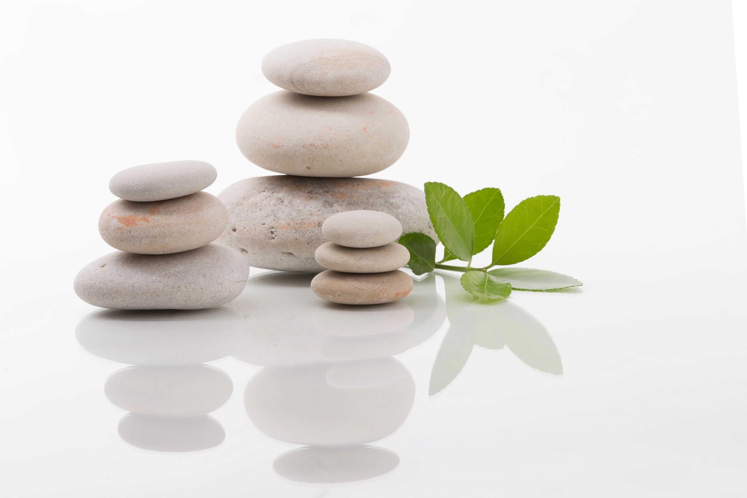 Balanced stone stacks with green leaves